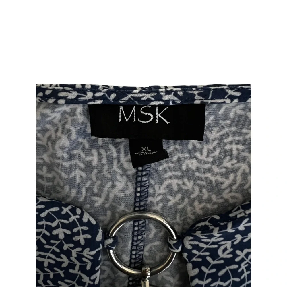 MSK Swing‎ Dress Navy White Print 3 Ring Detail Long Sleeve XL